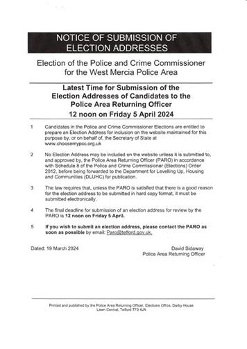  - Police and Crime Commissioner Election